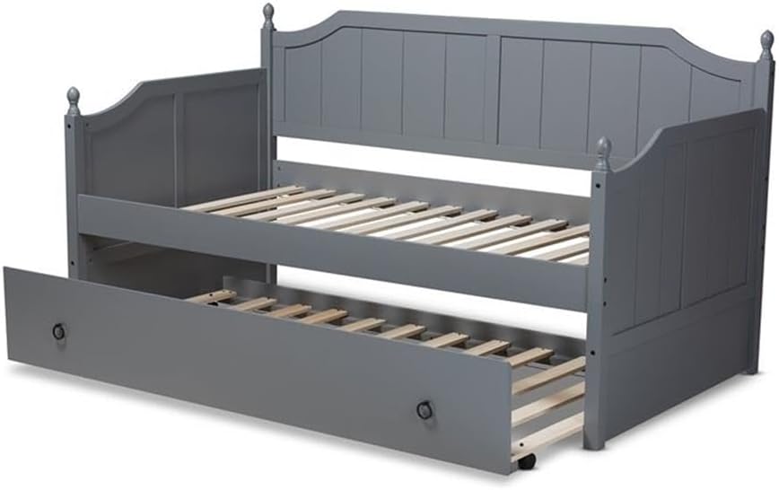 BOWERY HILL Farmhouse Wood Twin Daybed with Trundle, Gray Finish, Solid Rubberwood and MDF Construction, Black Metal Ring Pulls, Cottage Style, Cut-Out Panels, Ideal for Bedroom or Guest Room