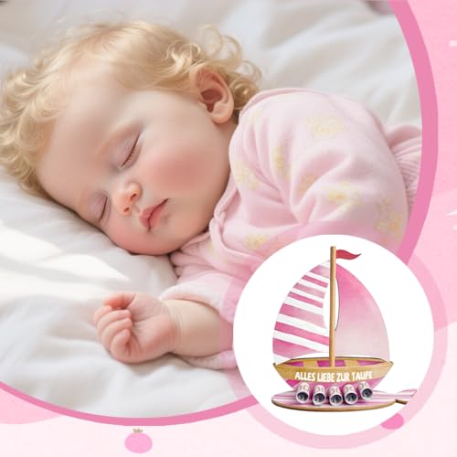 Taufgeschenke für Mädchen, Geldgeschenk zur Taufe - Holz Boot mit Basis, Originelle Taufe Geschenk Taufdeko für Mädchen (Rosa)
