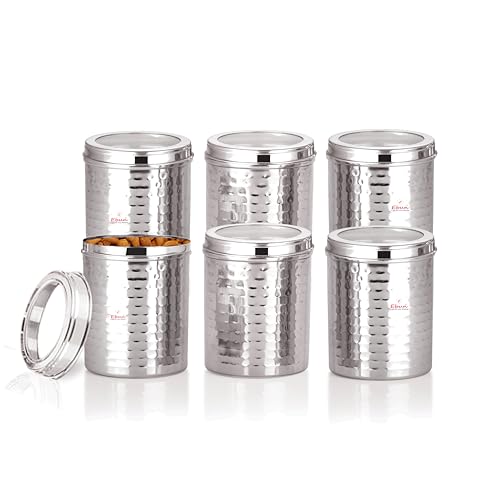 Image of Ebun Stainless Steel Containers for Kitchen Storage Set | Steel Storage Containers for Kitchen | Steel Containers with Lid | Hand Hammered Texture Airtight Steel Containers 1.25 Kgs | Pack Of 6