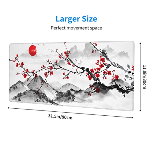 Image of Watercolor Japanese Cherry Blossom Mouse Pad 31.5 X 11.8 Inch XL Red Floral Design Extended Gaming Mousepad Large Non-Slip Rubber Base Keyboard Desk Mat with Stitched Edges for Gaming and Office