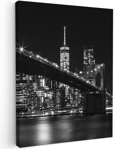 MuchoWow© Impression sur Toile Peinture 30x40 cm Tableau Cadre Mural Decoration Salon Reproductions de Tableaux Murale Moderne New York - Brooklyn - Pont - Noir et blanc