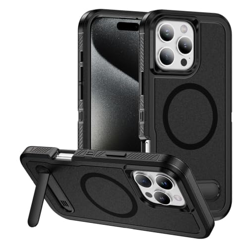 Coque iPhone 16 Pro noire en silicone rigide double couche avec support antichoc
