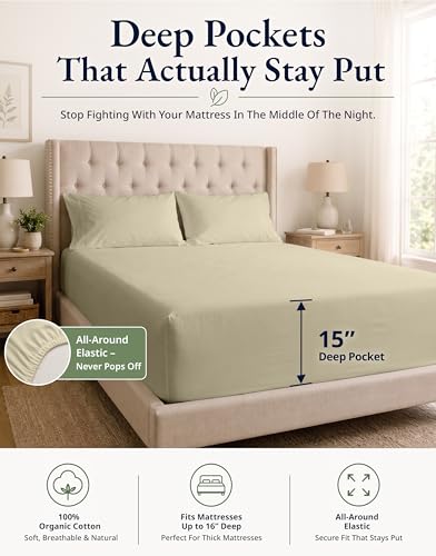 Image of LANE LINEN Fitted Sheet Full Size, 100% Organic Cotton, 3Pc Set (1 Fitted Sheet, 2 Pillowcases), Percale Weave, Full Bed Fitted Sheets, Ultra Soft, Fits Mattress Upto 15 inch Deep - Linen (No Flat Sheet)