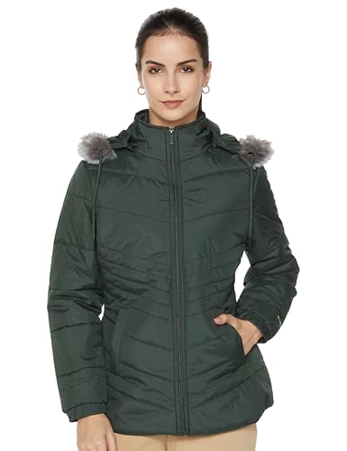 Image of Qube By Fort Collins Women's Medium-Length Bomber Jacket with Detachable Hood Stylish Winterwear for All-Day Comfort |Material: Nylon