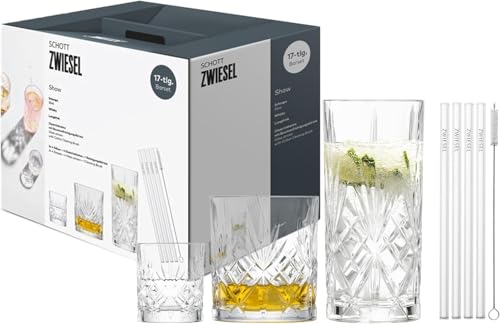 Schott Zwiesel 17er Barset Show, jeweils 4 Anmutige Longdrink-, Whisky- und Schnapsgläser mit Relieff, 4 Glastrinkhalmen und 1 Baumwollbürste, Spülmaschinenfeste Kristallgläser (Art.-Nr. 124010)