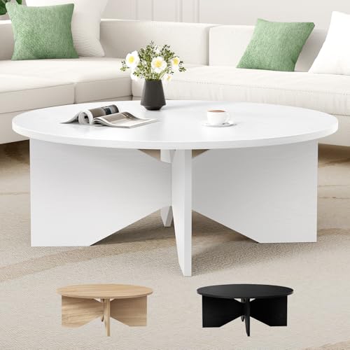 ALFORDSON Modern Round 80cm Dia. Coffee Table, Crossed Butterfly Frame,Wood Grain, 18mm Thick Board, Wooden Accent Tea Cocktail End Table, Living Room Office Reception Centerpiece,80Kg Capacity, White