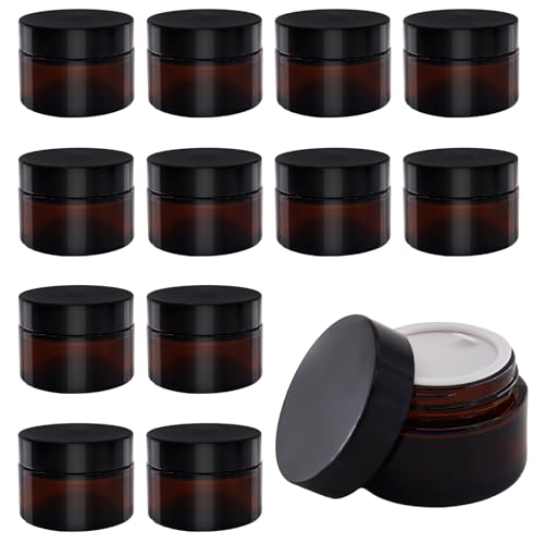 TOKSEO 12 tarros vacíos de cristal ámbar, 30 ml, tarros de crema para rellenar, frascos de vidrio marrón con tapa y forro para cosméticos, cremas, lociones, aceites esenciales