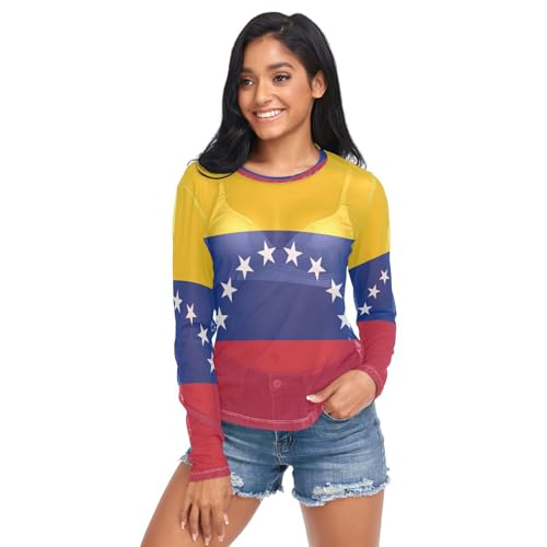 Camiseta transparente para mujer, cuello redondo, malla transparente, talla S, multicolor/fantasía (Venezuela Flag), XXL