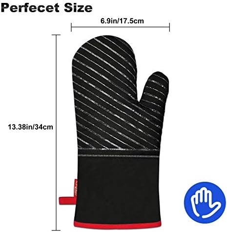 HONZUEN Oven Gloves Heat Resistant, Thicken Long Kitchen Microwave Oven Mitts with Non-Slip Silicone and Soft Cotton Lining, Gloves Mitts for Grilling Cooking Baking Barbecue, 1 Pair, Black