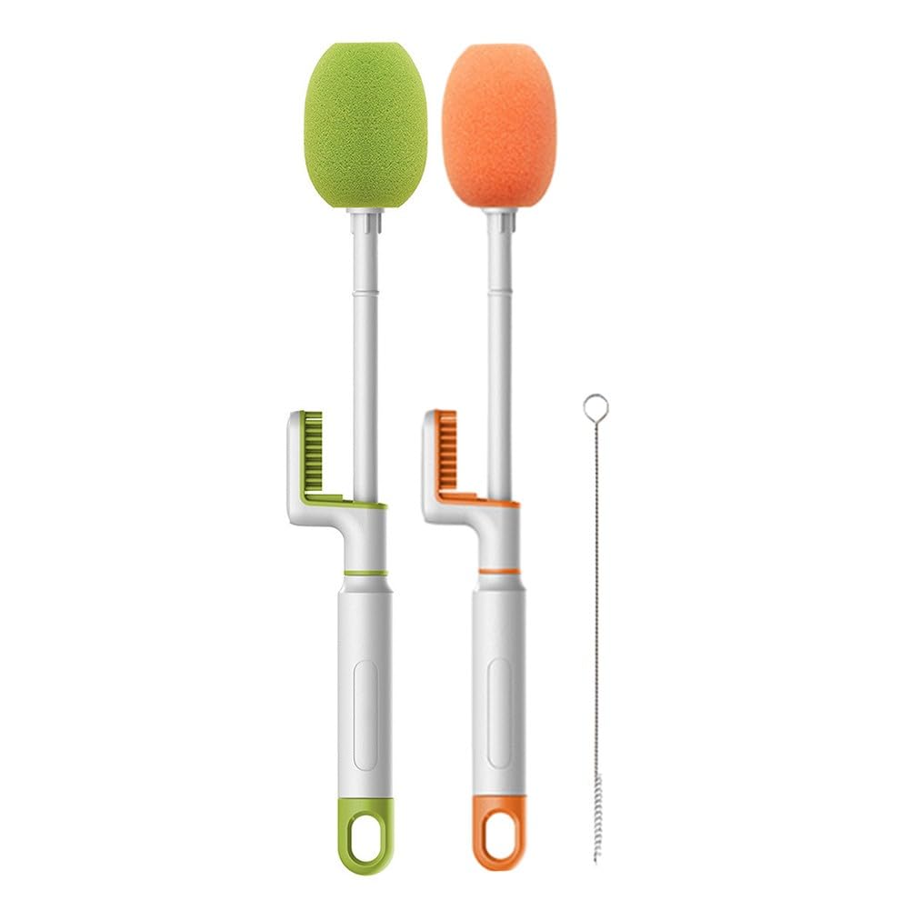 QOXEZY Silicone Cleaning Brush for Cups and Glasses, 3-in-1 Sponge Scrubber with L-Shaped Spout & Slim Straw Cleaner, PP Material, 33 cm, Green and for Orange (2 Brushes + 1 Straw Brush)