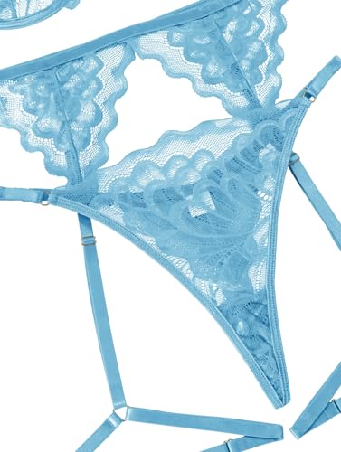 Image of Lilosy Sexy Choker Floral Lace Scallop Sheer Underwire Push Up Garter Belt Lingerie Set 3 Piece