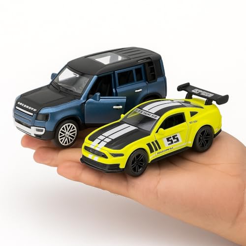 Image of Mustang GT & Defender Die-Cast Car Combo - 1:36 Scale Metal Pull Back Toy Cars for Kids, Boys, Collectors - Alloy Car Set with Opening Doors - Birthday Gift Pack - 2 Pcs