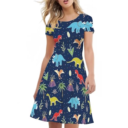 Image of POLERO Women Puffy Swing Elegant Party Midi Dresses Short Sleeve Round Neck A-Line Dress