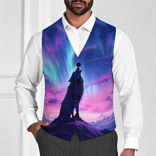 Northern Lights Wolf Men's Suit Vests Business Formal Dress V-Neck Waistcoat Tops with 2 Pockets2