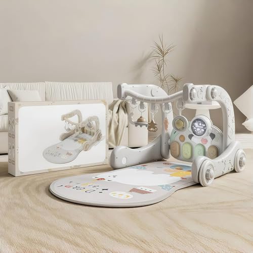 Guyyelt ベビージム プレイマット 5 in 1ベビージムプレイマット 新生児プレイマット Bluetoothプロジェクター機能付き おもちゃ 多機能 室内遊具 幼児用おもちゃ 知育玩具 感覚刺激 出産祝い洗える (5 in 1-ベーシック,グレー)