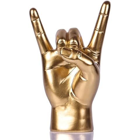 QIANLING 7.7" Gold Resin Rock On Hand Gesture Statue - Rock Culture Music Lovers' Decorative Tabletop Sculpture for Bookshelf, Desk & Mantel Decor in Home or Office, Modern Symbolic Figurine Cover