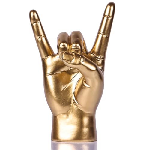 QIANLING 7.7' Gold Resin Rock On Hand Gesture Statue - Rock Culture Music Lovers' Decorative Tabletop Sculpture for Bookshelf, Desk & Mantel Decor in Home or Office, Modern Symbolic Figurine