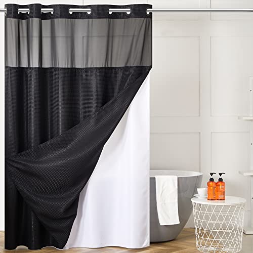Image of Furlinic Extra Long No Hook Waffle Weave Shower Curtain with Snap in Fabric Liner Set,Heavy Duty Bathroom Curtains with See Through Window,Machine Washable & Waterproof,Black,71x84 Inch