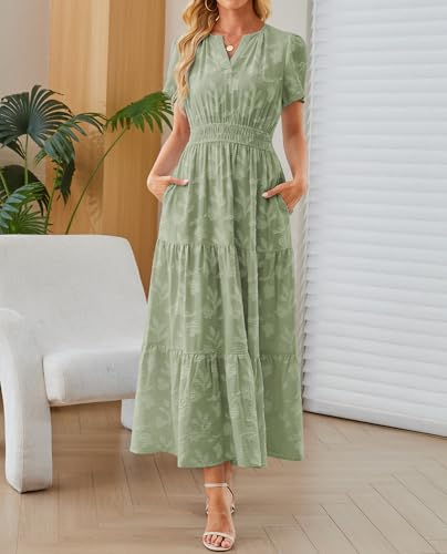 Image of Women's Maxi Dresses Boho Burnout V Neck Short Puff Sleeve Smocked Empire Waist Long Wedding Guest Semi Formal Dress Pockets