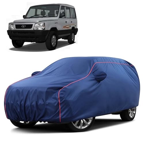Image of Sulfar 100% Water Resistant Car Body Cover Compatible with Mirror for Tata Victa (Triple Stitched, Full Bottom Elastic, Blue Taffeta with Red Piping)