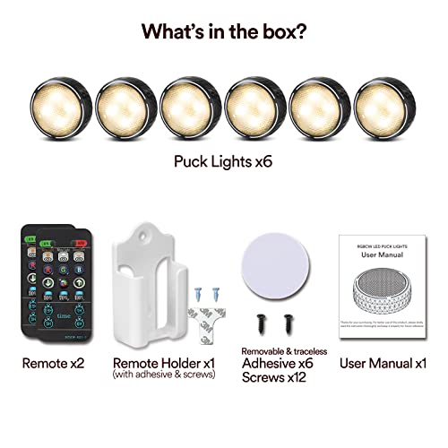 Onumii Under Cupboard Kitchen Lights Battery Operated LED Under Cabinet Lights, Stick on Wardrobe Lights Under Counter Lights Remote Control, RGB Puck Lights, 6 Pack - Black