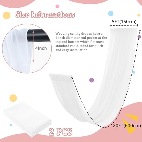 Image of FOTSHARER White Wedding Ceiling Drapery 2 Panels 5ftx20ft Chiffon Fabric Drapes Wedding Arches for Ceremony Chififon Sheer Curtains Canopy Ceiling Curtains Drape for Bridal Shower Prom Arbor Drapery
