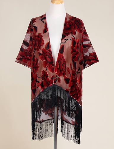 Image of MJ SERECA Women's Burnout Velvet Kimono Cardigan Cover Up with Tassel