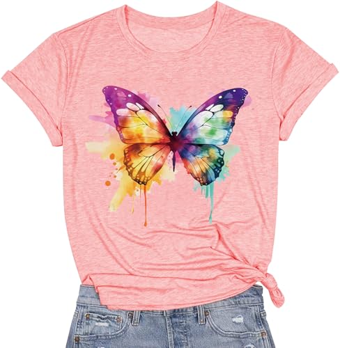 Image of Cat Shirts for Women Butterfly Graphic Tops Dandelion T Shirt Womens Vacation T-Shirt Nature Lover Tee