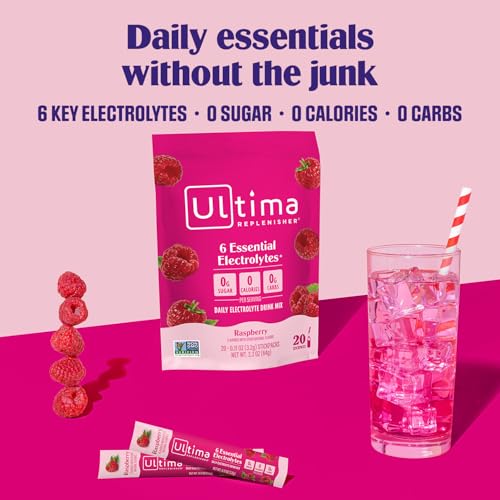 Image of Ultima Replenisher Daily Electrolyte Powder - Raspberry, 20 Stickpacks - Zero Sugar Hydration Packets with 6 Electrolytes and Minerals - Sugar Free, Plant Based & Keto Friendly Drink Mix