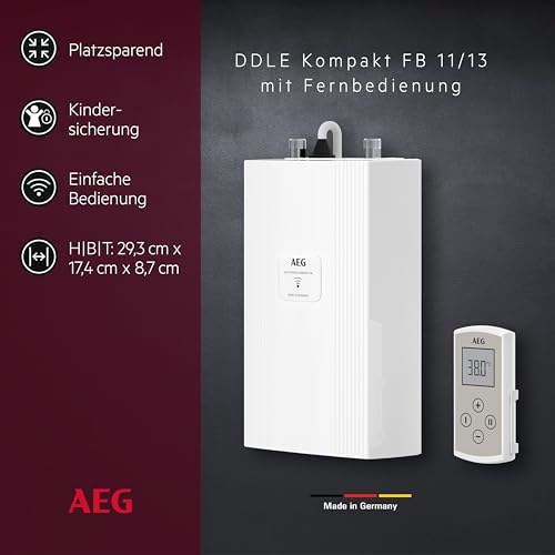 AEG DDLE 230769 Electronic Compact Instantaneous Water Heater FB 11/13 kW with Remote Control for the Kitchen, Made in Germany, Fixed Connection 400 V, Solar-safe, Under-Sink Mounting, VDE Tested