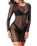 Daci Women's Sexy Mesh Swimsuit Cover Ups Fishnet Sheer Swimwear Bikini Dress See Through Beach Dresses Black M