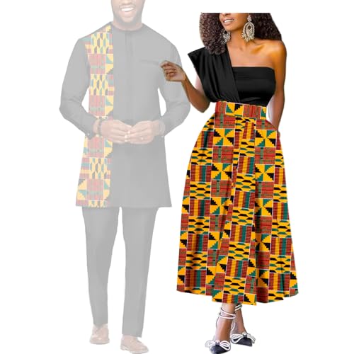 CPFZUO African Couple Matching Outfits, Dashiki Men's 2 Piece Set & Women's One Shoulder Dress, Wedding Attire T6 Women X-Large