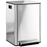 HOMCOM Cubo de Basura de Cocina con 2 Compartimentos 2x20L Papelera de Cocina de Acero Inoxidable con Pedal Tapa de Cierre Suave y Cubo Extraíble para Dormitorio Oficina Salón Plata