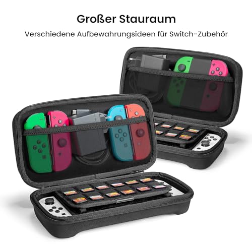2. Bild von tomtoc Tasche Hülle für Nintendo Switch/Nintendo Switch OLED Modell, Protective Hard Case Tragetasche für Switch Konsole, 24 Spiele, Pro Controller, Netzteil und Zubehör, Schwarz L