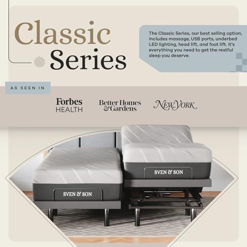 Image of Sven & Son Classic Adjustable Bed Base, Head and Foot Lift, Massage, Under-Bed Lights, USB, Gel Memory, Zero Gravity Smart Frame - Split California King + 12 inch Memory Foam Matt (Medium)