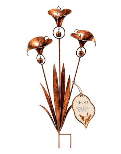 EEOO 2026 Flamed Copper Three Calla Lilies Garden Stake with Bells 24inch Large Whimsical Metal Plant Rustic Wind Chime Ornament Gift Rain Catcher Flower Handmade Sculpture Yard Art Decor