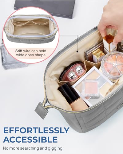 Image of BAGSMART Makeup Bag Travel Toiletry Bag, Puffy Padded Make Up Bags for Women Makeup Organizer Case, Wide-open Pouch Purse Travel Essentials Toiletries Accessories Brushes, Gray