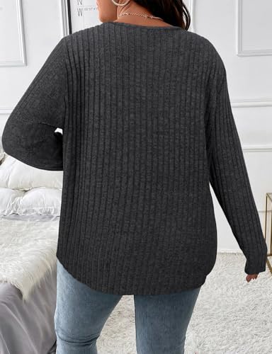 Image of Koscacy Women Plus Size Casual Knit Sweater with Pocket V Neck Solid Color Tops Lightweight Long Sleeve Blouses