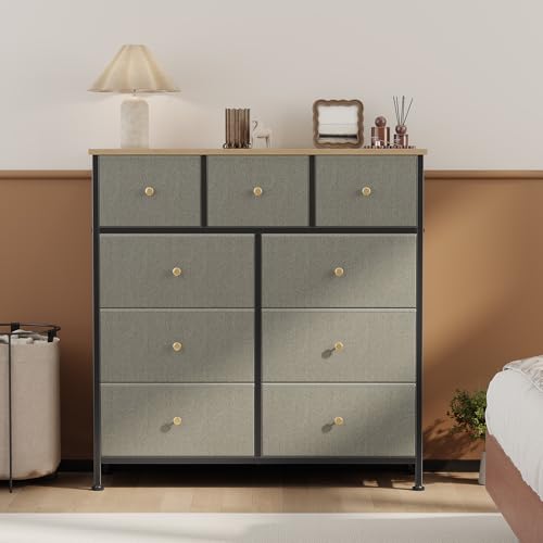 Image of OLIXIS 9 Drawer Tall Dresser for Bedroom, Closet Organizers and Storage | Fabric Dresser with Wooden Top, Chest of Drawers for Clothes Storage, Tower Cabinet, Furniture, TV Stand, Dark Green