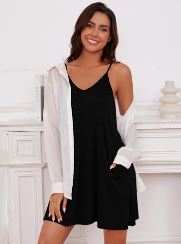 Marvmys Womens Cotton Sleeveless Nightgown Spaghetti Strap V Neck Full Slip Sleep Dress with Pockets4