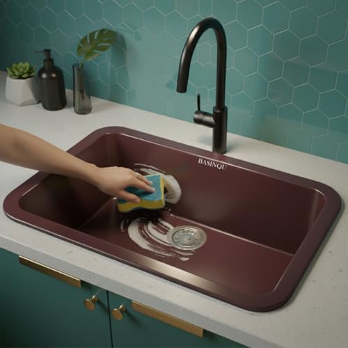 Image of BASINQU Quartz Sink for Kitchen | 24x18x9 Inches Brown Single Bowl Sink For Kitchen Basin Round Corner Kitchen Sink | Granite UV Protected Scratch Resistant, Undermount /Topmount Kitchen Sinks