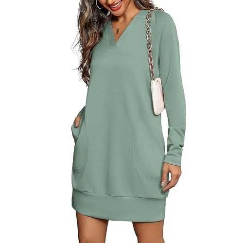 Totatuit Women Oversized Hoodies Dress Casual Long Sleeve V-Neck Hooded Sweatshirt Dress with Pockets 2025 Fall Outfits Light Green X-Large