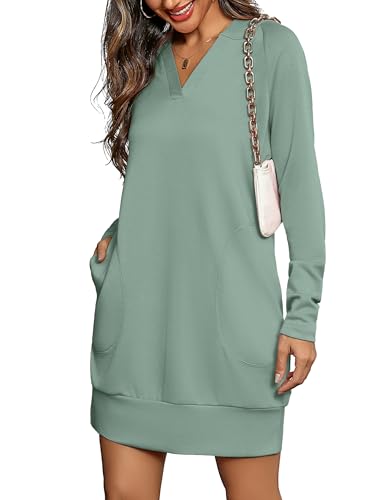 Totatuit Pullover Oversized Hoodies Dress for Women Long Sleeve V-Neck Sweatshirt Dress with Pockets Plain Casual Fall Outfits Light Green XXL