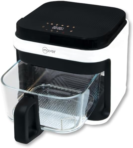 Mayer MMGAF539D Air Fryer with the glass basket pulled out