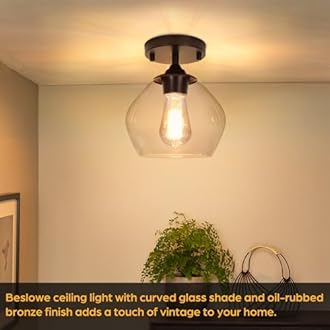 Modern Semi Flush Mount Ceiling Light with Clear Glass Shade, Industrial Close to Ceiling Light, Brown Hanging Ceiling Light Fixture for Hallway, Bedroom, Dining Room, Entryway, Foyer