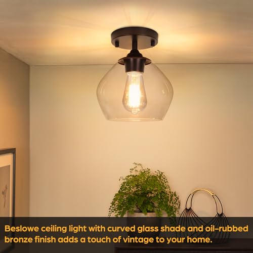 Modern Semi Flush Mount Ceiling Light with Clear Glass Shade, Industrial Close to Ceiling Light, Brown Hanging Ceiling Light Fixture for Hallway, Bedroom, Dining Room, Entryway, Foyer