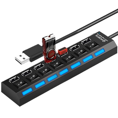 Byuexhp Hub USB alimentado, distribuidor múltiple de alta velocidad | Adaptador USB portátil antideslizante con interruptores individuales - para edición de vídeo, escritorio comercial, trabajo remoto