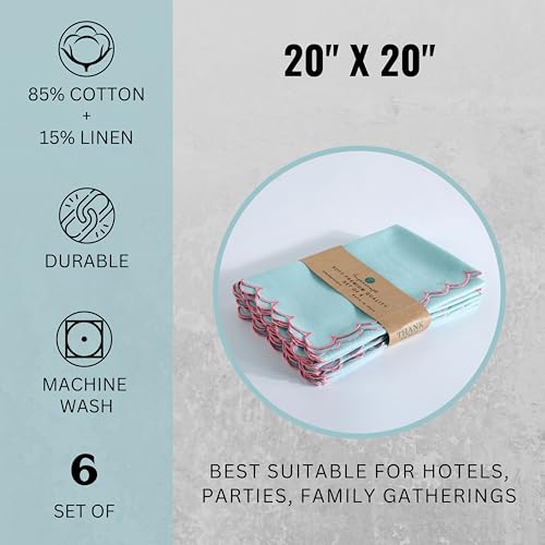 Image of FINGERCRAFT Scallop Edge Cloth Napkins | Set of 6 | 20x20 Inches | 100% Cotton | Table Napkins for Any Occasion | Washable, Perfect for Parties and Everyday Use (Aqua Flax, Set of 6)