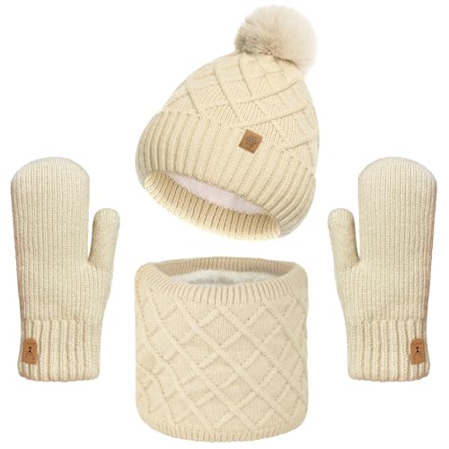 Bseical Mütze Schal Handschuhe Set Damen Winter Warme Wintermütze mit Bommel & Weiches Fleecefutter, Loop Schal Schlauchschal Winterschal Winterhandschuhe für Weihnachten Geschenk für Frauen 3in1 Set