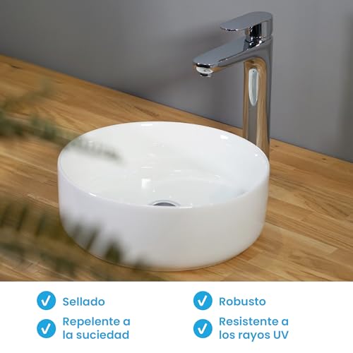 Lavabo redondo Tamula blanco de 31,5 cm que soluciona la falta de espacio en encimeras de aseos pequeños 4
